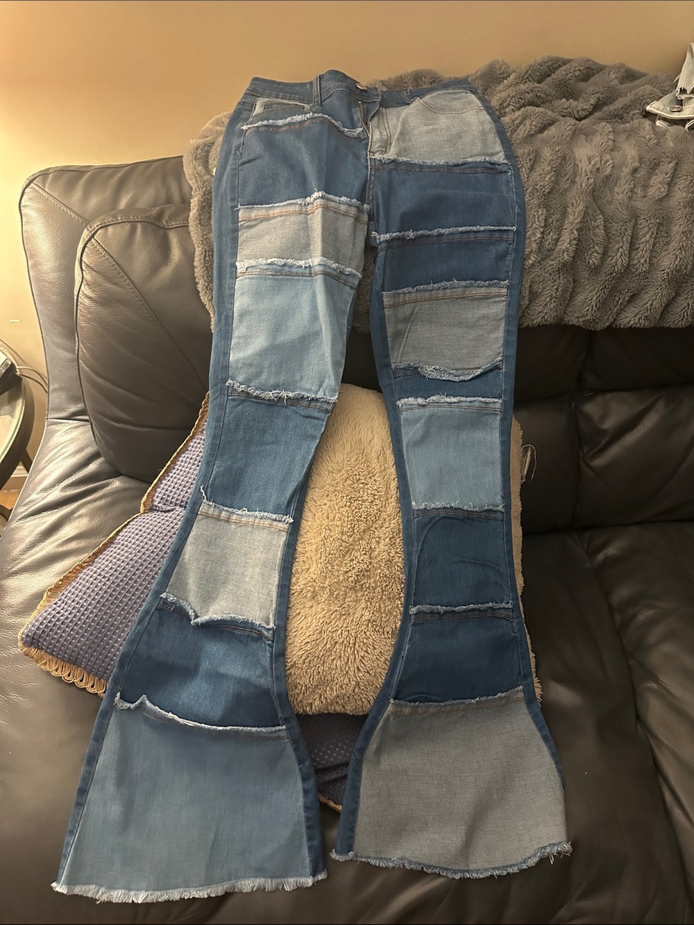 Patchwork Two-Tone Blue Flare Jeans
